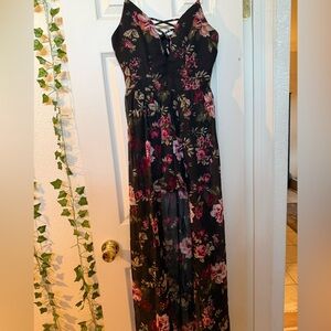 Floral Black Romper with Trail